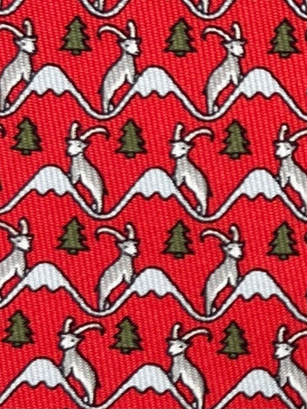 100% REAL HERME TIE - CHERRY RED FUN REINDEER MOUNTAIN GOATS RAMS SNOWY TREES XL